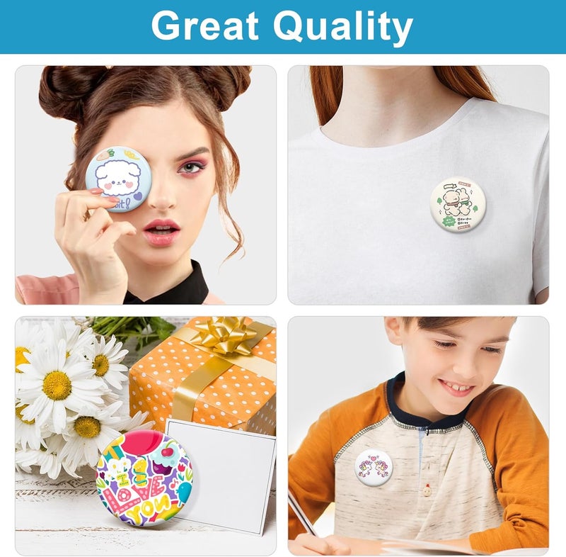 KUNTAERY 200 Sets 2.25 Inch Button Maker Supplies, 58mm Round Badge Parts with Metal Covers, Plastic Pin Backs, Clear Film & Blank Paper, Perfect for Button Maker Machine & Badge Press - Image 5